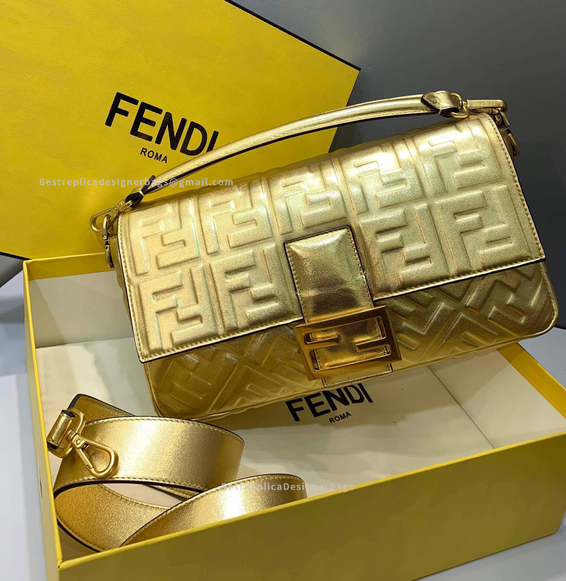 Fendi Baguette Large Gold Sheepskin GHW Bag 0135L - Best Fendi Replica
